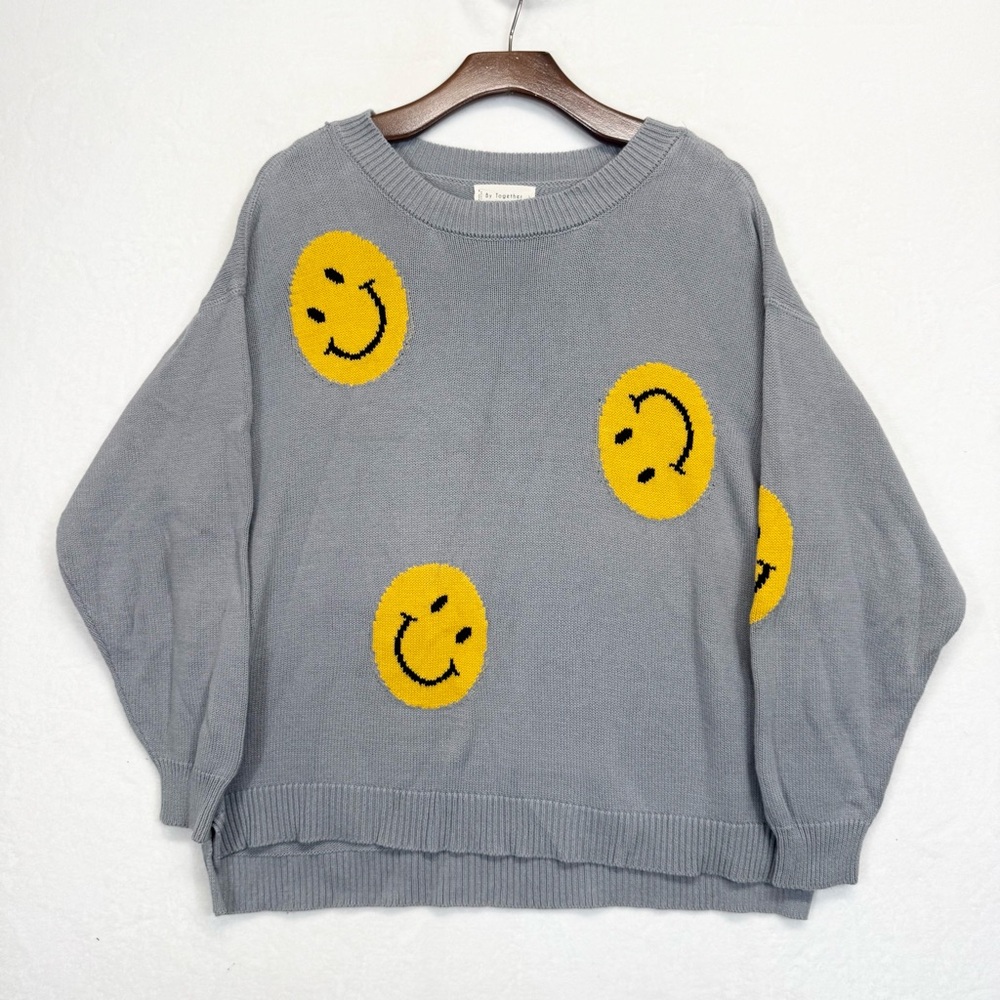 By Together Gray Crewneck Sweater with Yellow Smiley Faces